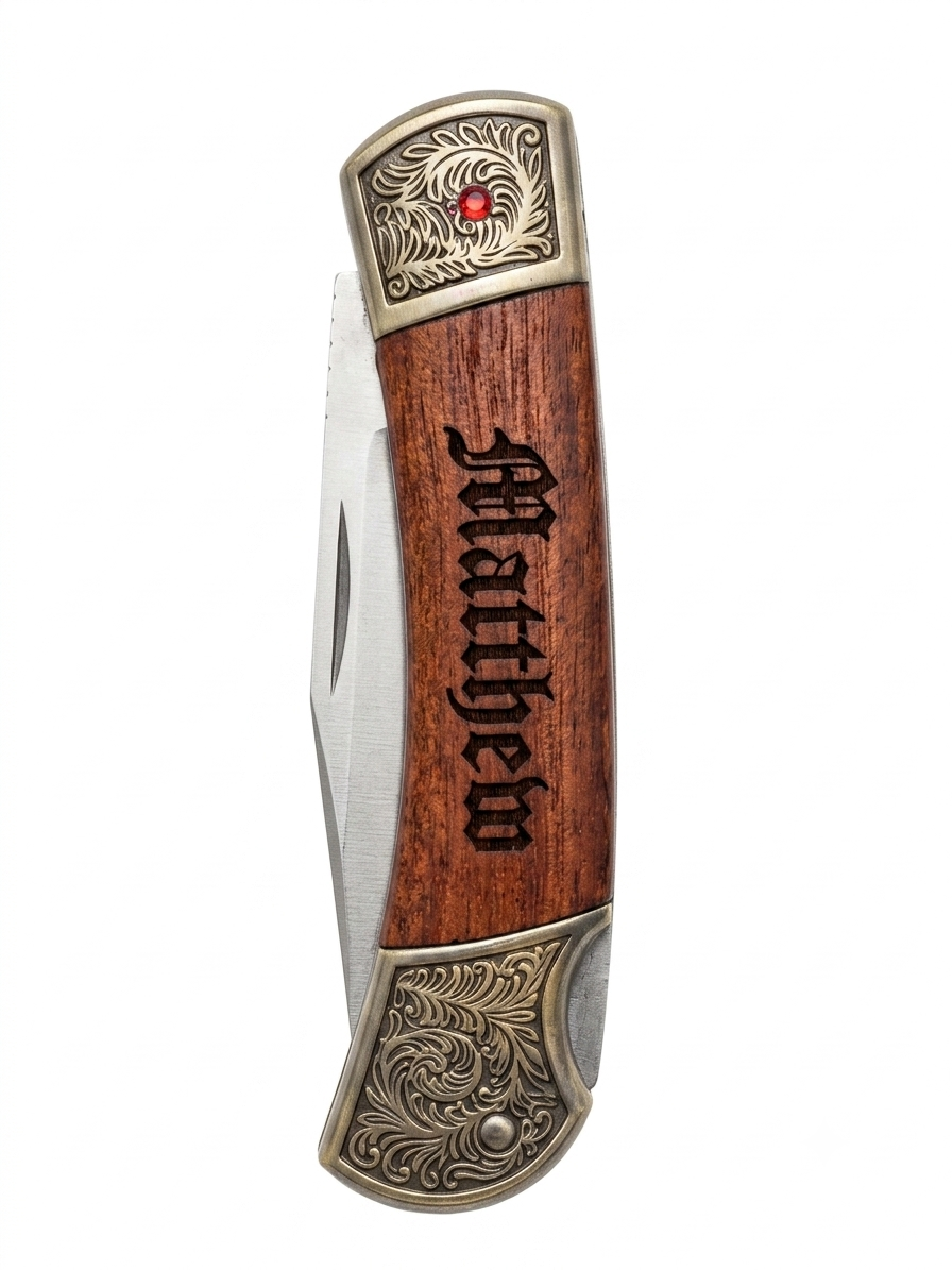 Wood-handled pocket knife engraved with the name Matthew