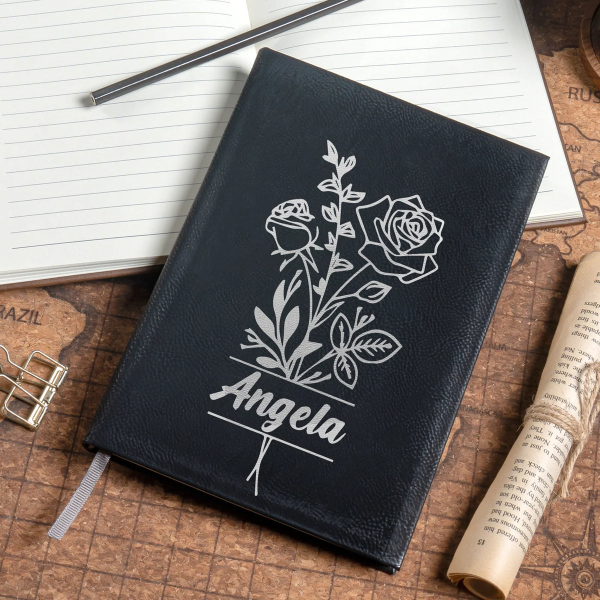 Leather notebook engraved with name and florals