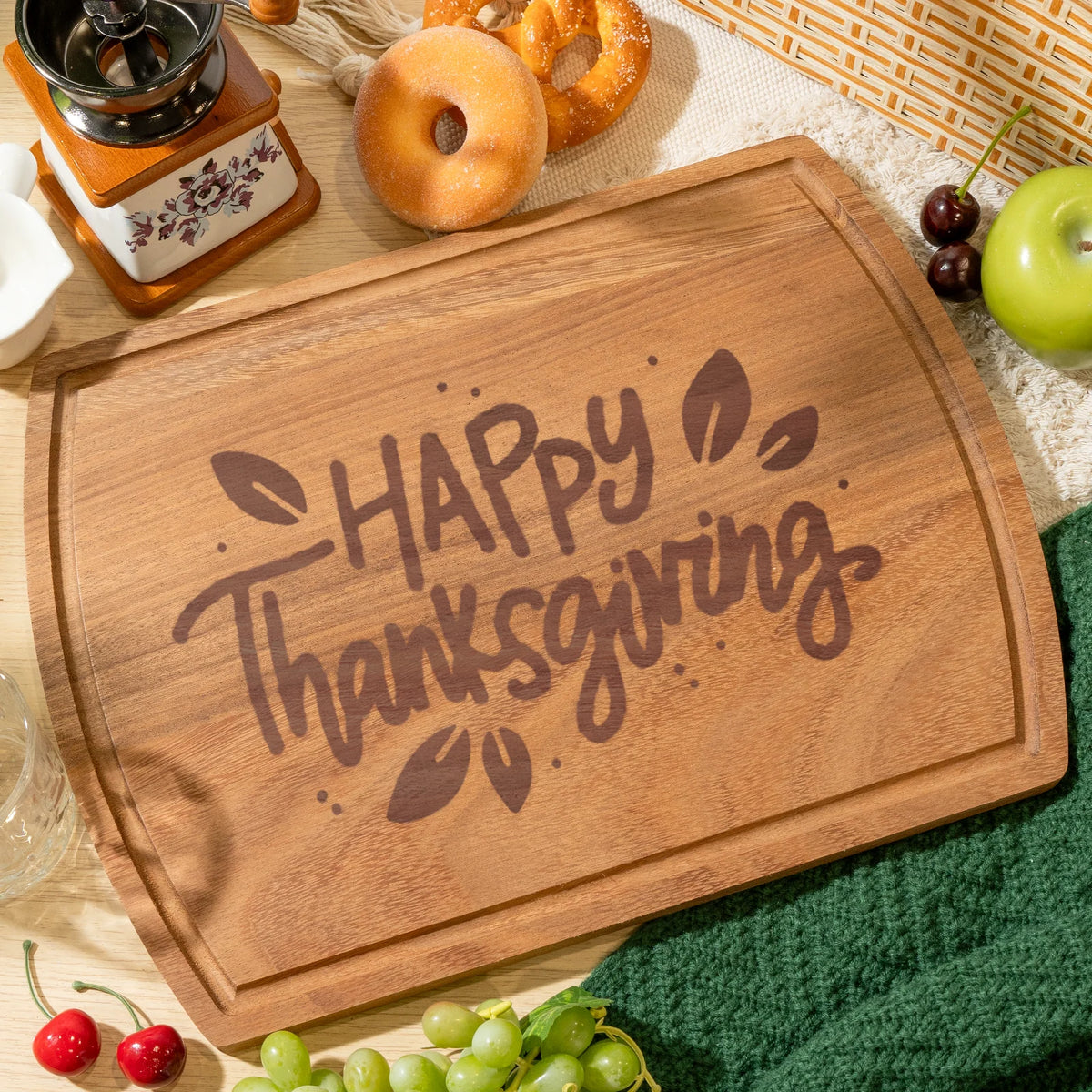 Wood cutting board engraved with Happy Thanksgiving