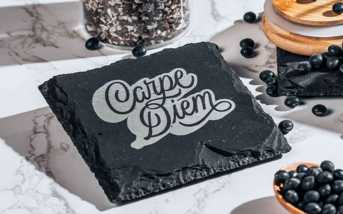 Slate coaster engraved with Carpe Diem