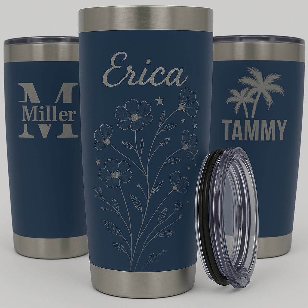 Three navy stainless steel tumblers custom engraved with names and floral designs