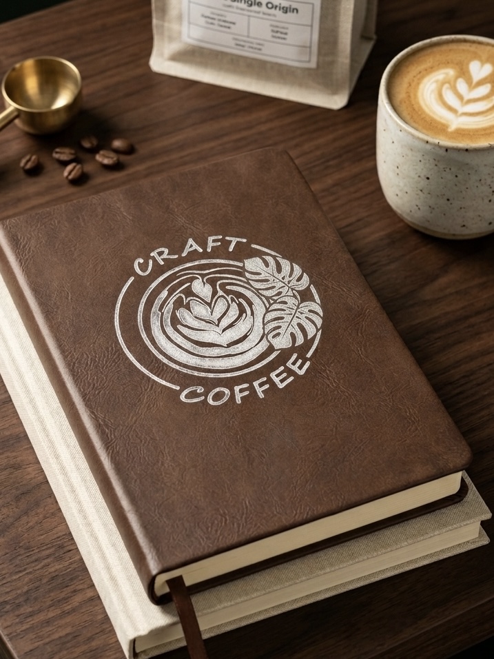 Brown leather journal engraved with the Craft Coffee logo beside a latte