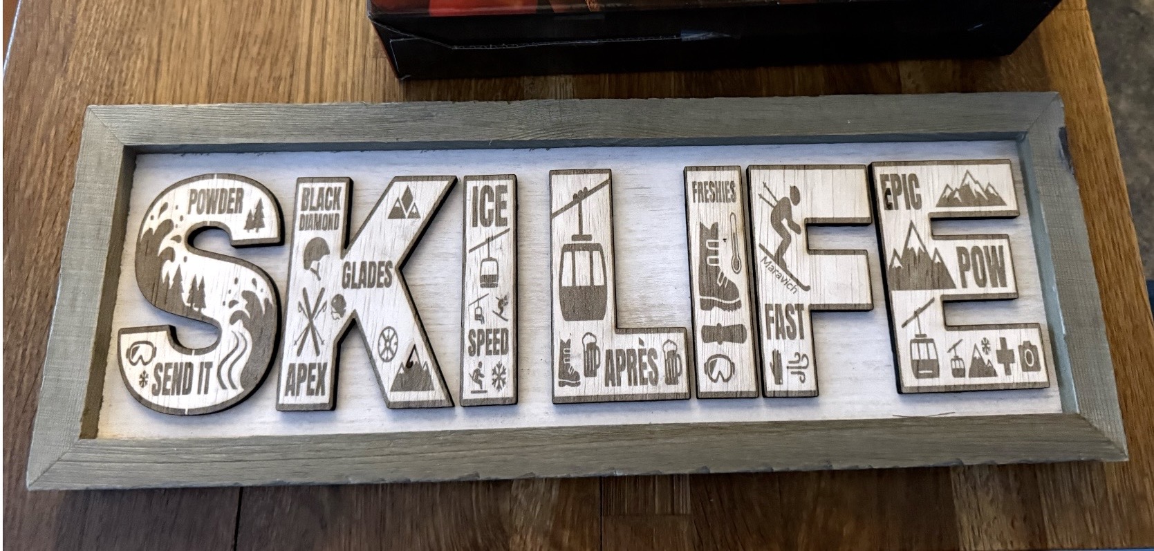 Framed wood SKI LIFE sign with detailed engraved icons