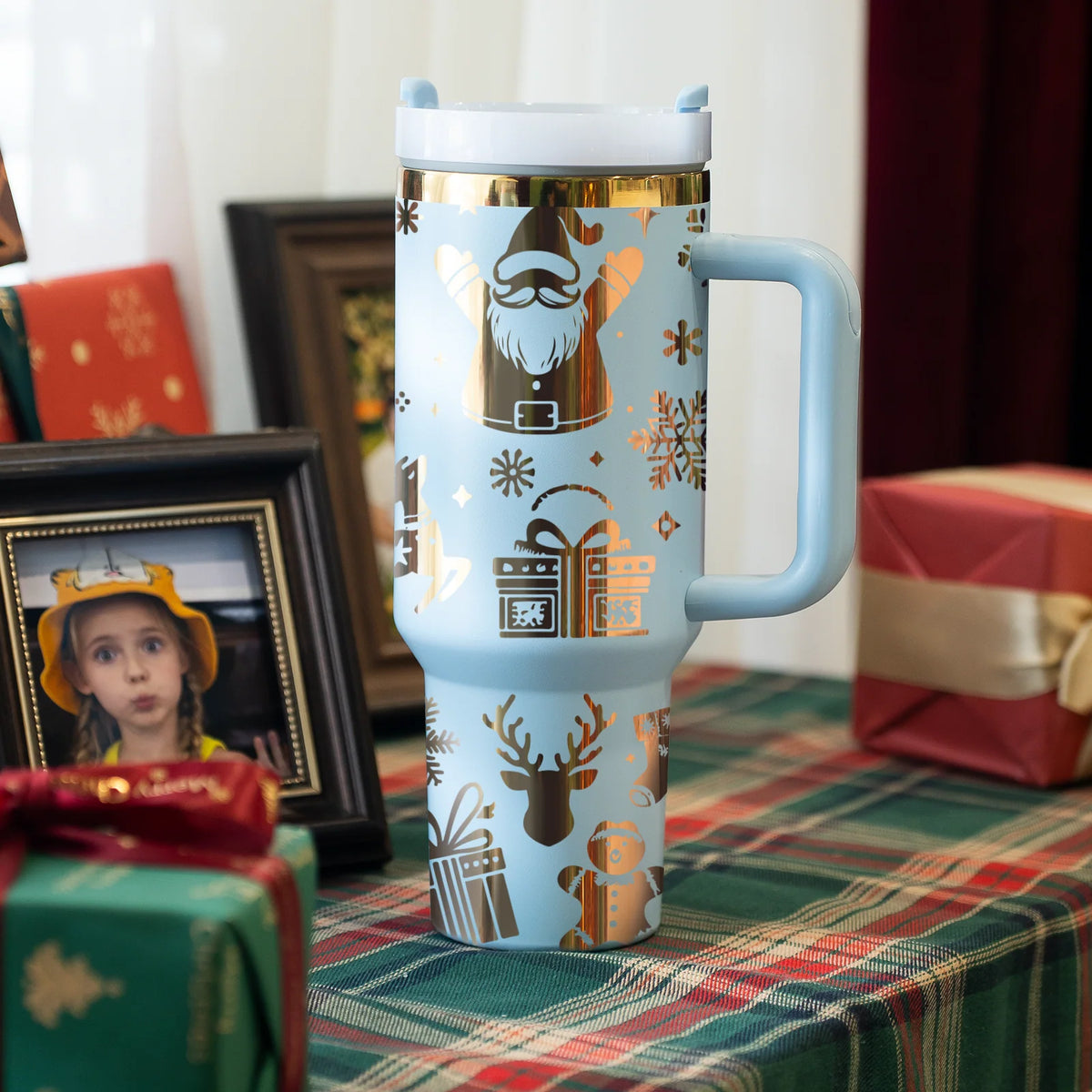 Light blue and gold engraved holiday tumbler