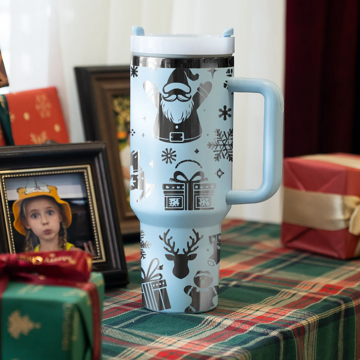 Light blue holiday engraved tumbler