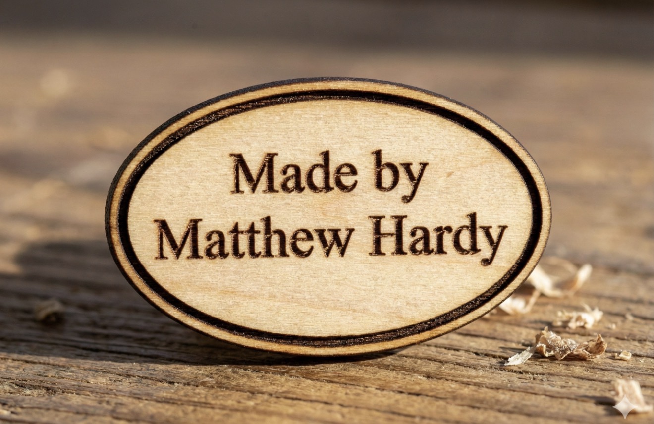Oval wood badge engraved with Made by Matthew Hardy