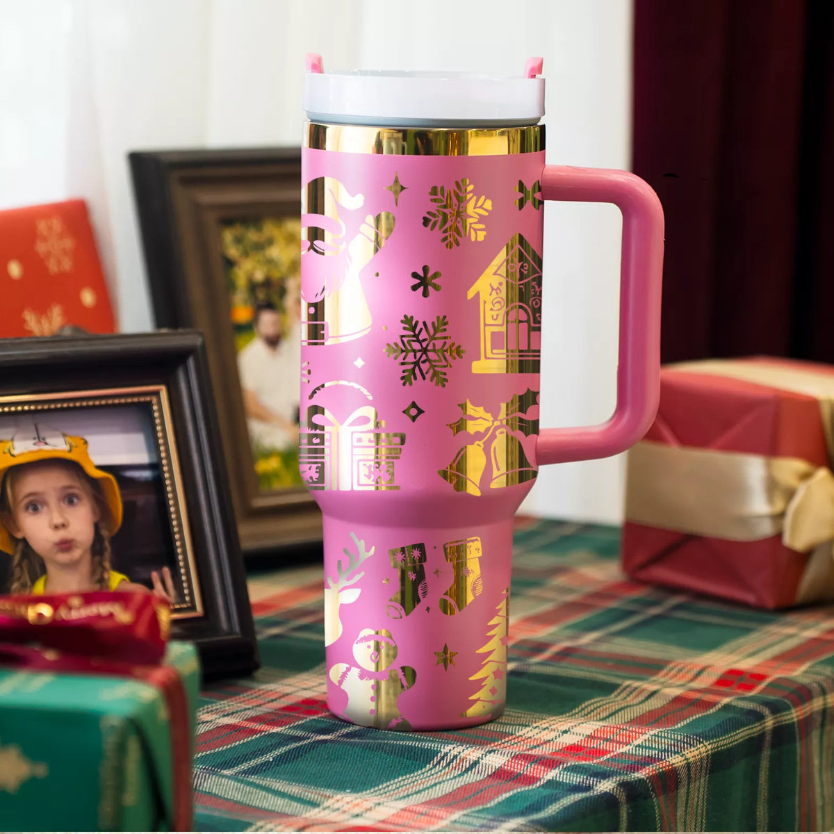 Pink and gold engraved holiday tumbler